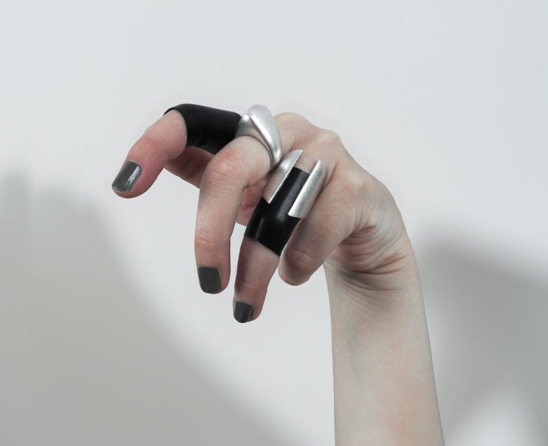 architectural geometric brutalist ring set - metal and leather