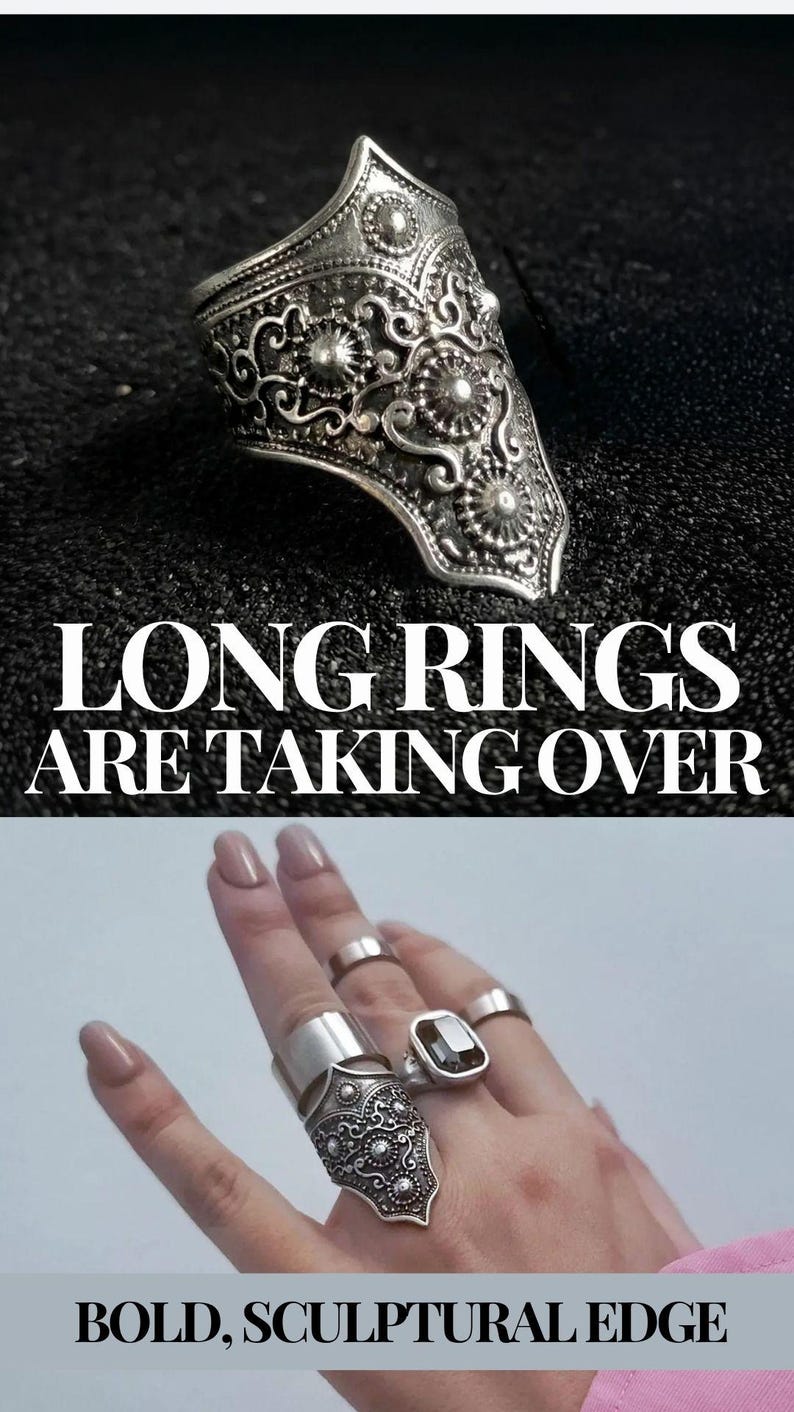 Medieval Armor Ring Long Sword Band Gothic Chunky Style Fantasy Jewelry Heavy Crown Silver Finger Antique Cuff for Her Victorian Gift image 19