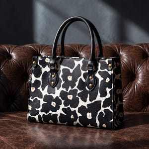 May include: A structured handbag featuring a bold black and white floral pattern across its surface. The bag includes two black top handles, black leather-like trim, and gold-toned metal hardware accents at the base of the handles and side panels.