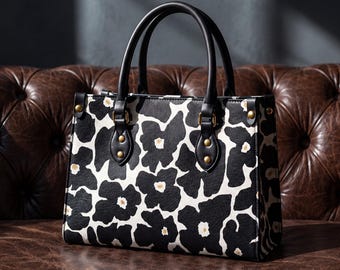 Structured Handbag Black & White Work Bag Statement Accessory Flower Print Vegan Top Handle Boxy Night Out Bag Fashion Student Gift Under 40
