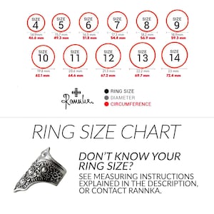 May include: Ring size chart with sizes 4-14, including diameter and circumference measurements in millimeters. The chart also features the brand name "Rannka" and a decorative ring. Text reads "Don't know your ring size? See measuring instructions..."