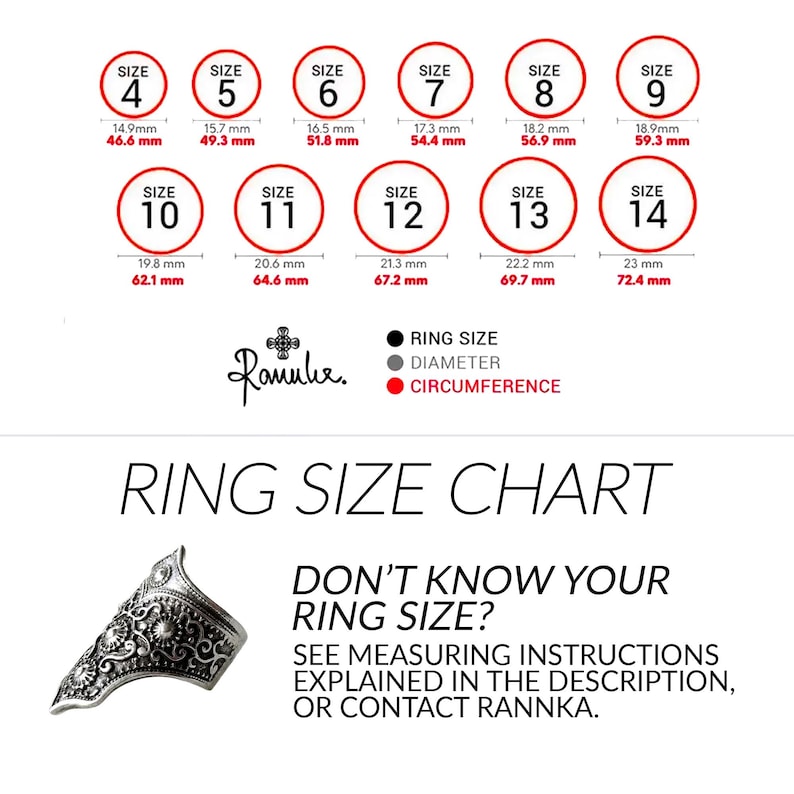 May include: Ring size chart with sizes 4-14, including diameter and circumference measurements in millimeters. The chart also features the brand name "Rannka" and a decorative ring. Text reads "Don't know your ring size? See measuring instructions..."