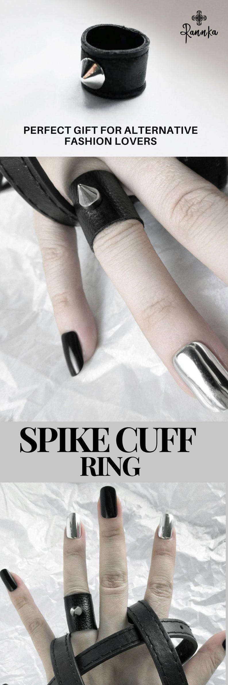 Spike Leather Ring Black Finger Cuff Silver Metal Stud Punk Jewelry Black Vegan Leather Studded Ring Band Goth Gift Idea Alternative Fashion