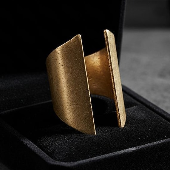 Gold Statement Ring For Daughter Geometric Cut Wide Band Bold Open Brushed Ring Chunky Gold Jewelry Just Because Gift Oversize Antique Band