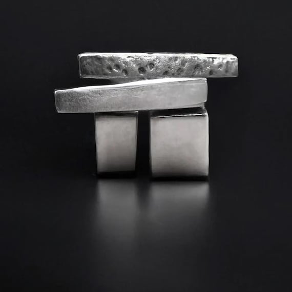 Chunky Silver Ring Set Gifting Statement Rings for Her Silver Bar Ring Mens Rustic Metal Rings Geometric Androgynous Jewelry Gift Idea