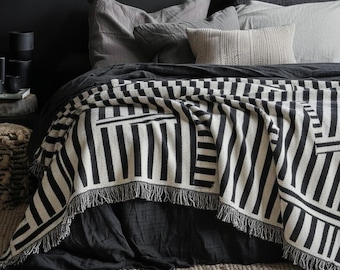 Distressed Stripe Woven Blanket Modern Industrial Style Accent Gift Black Cream Throw Reversible Cotton Fringe Blanket Minimalist Home Decor