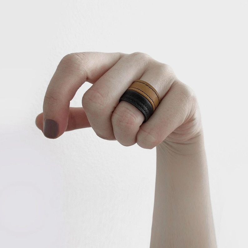 Two Tone Leather Ring Brown Vegan Rustic Finger Cuff for Him Men Western Style Band Boho Layered Jewelry Biker Alternative Accessory image 2