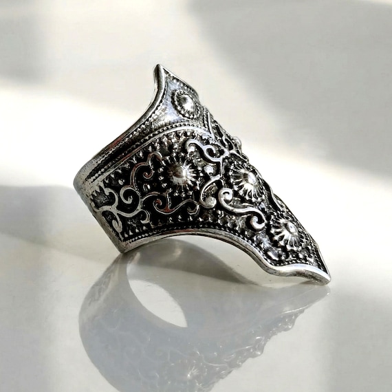 Medieval Armor Ring Long Sword Band Gothic Chunky Style Fantasy Jewelry Heavy Crown Silver Finger Antique Cuff for Her Victorian Gift