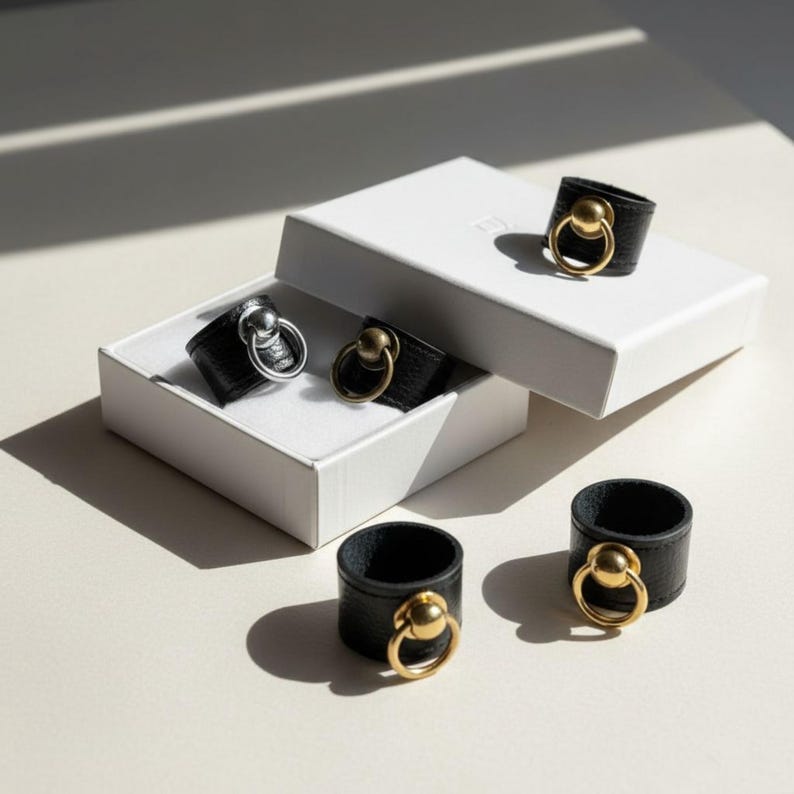 Set of black vegan leather rings with metal sphere and loop hardware in silver, brass, and gold finishes displayed in white gift boxes. Natural light and soft shadows emphasize the clean, modern presentation and gift-ready minimalist design.