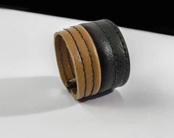 Two Tone Leather Ring Brown Vegan Rustic Finger Cuff for Him Men Western Style Band Boho Layered Jewelry Biker Alternative Accessory