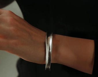 Matte Silver Bracelet Cuff For Women Gift For Wife Minimalist Jewelry Anniversary Her Modern Open Cuff Brutalist Bangle Thin Silver Bracelet