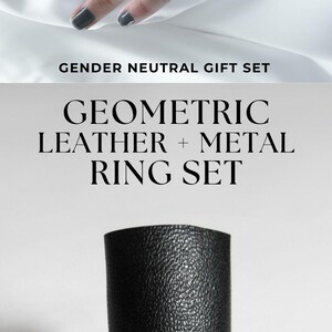 Leather Metal Ring Set Geometric Black Vegan Finger Cuff Brushed Silver Statement Ring Bundle Urban Edgy Jewelry Set Holiday Gender Neutral