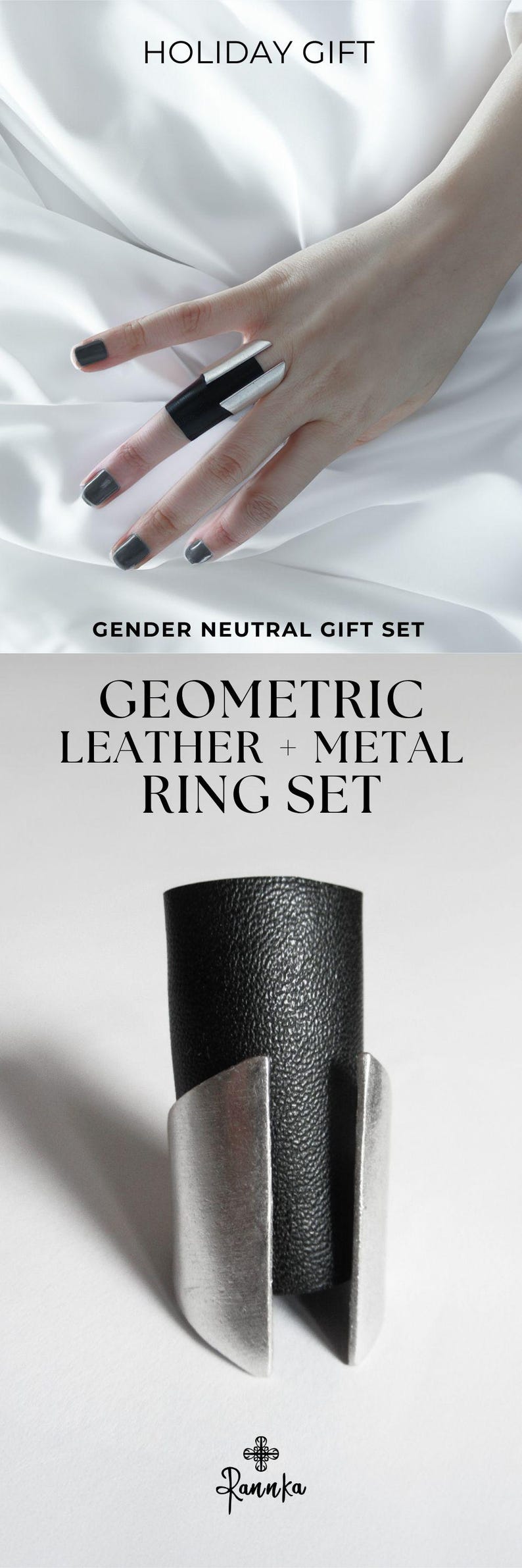 Leather Metal Ring Set Geometric Black Vegan Finger Cuff Brushed Silver Statement Ring Bundle Urban Edgy Jewelry Set Holiday Gender Neutral