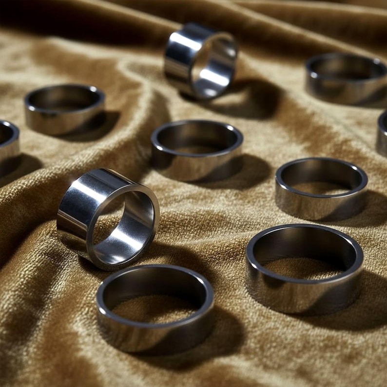 Collection of polished stainless steel rings in varying widths displayed on golden velvet fabric. The smooth reflective surfaces catch soft light, emphasizing their clean geometric shapes. Minimal industrial jewelry design by Rannka with a modern sculptural feel.