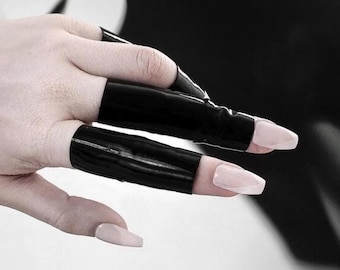 Anillo de látex brillante con puños de PVC negro para dedo, ideal para conciertos, escenarios, pasión, bailarinas, guante reflectante, elástico, vegano, color negro.