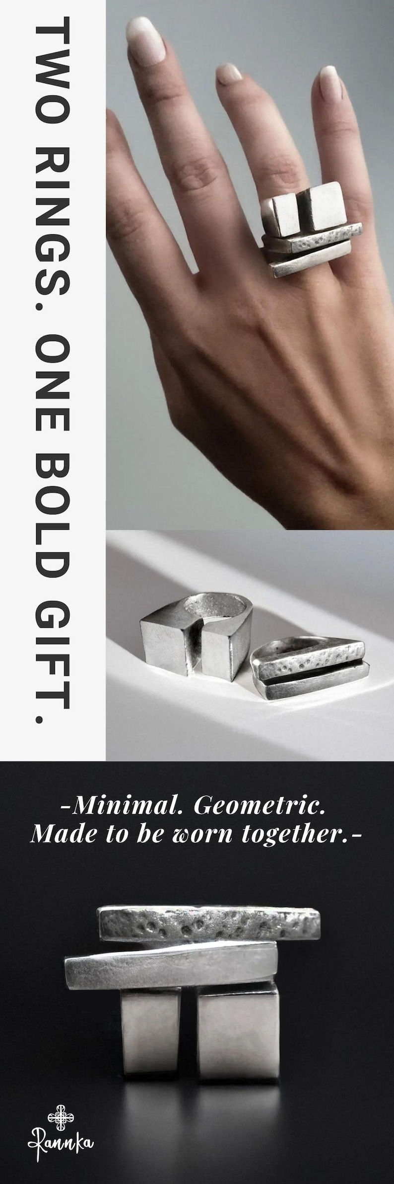 May include: Two silver rings with a geometric design. One ring is on a hand, the other two rings are displayed separately. The text reads: "TWO RINGS. ONE BOLD GIFT." and "-Minimal. Geometric. Made to be worn together.-"