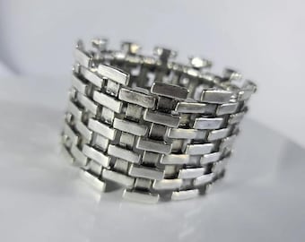 Wide Stretch Cuff Adjustable Bracelet Metal Woven Slip On Wrist Minimalist Stretch Jewelry Everyday Wear for Her Matte Brushed Silver