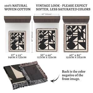 May include: Woven cotton throw blankets in three sizes: 37" x 52", 50" x 60", and 60" x 80". Each blanket features a black and cream geometric design. The text reads "100% NATURAL WOVEN COTTON" and "VINTAGE LOOK - PLEASE EXPECT SOFTER, LESS SATURATED COLORS."