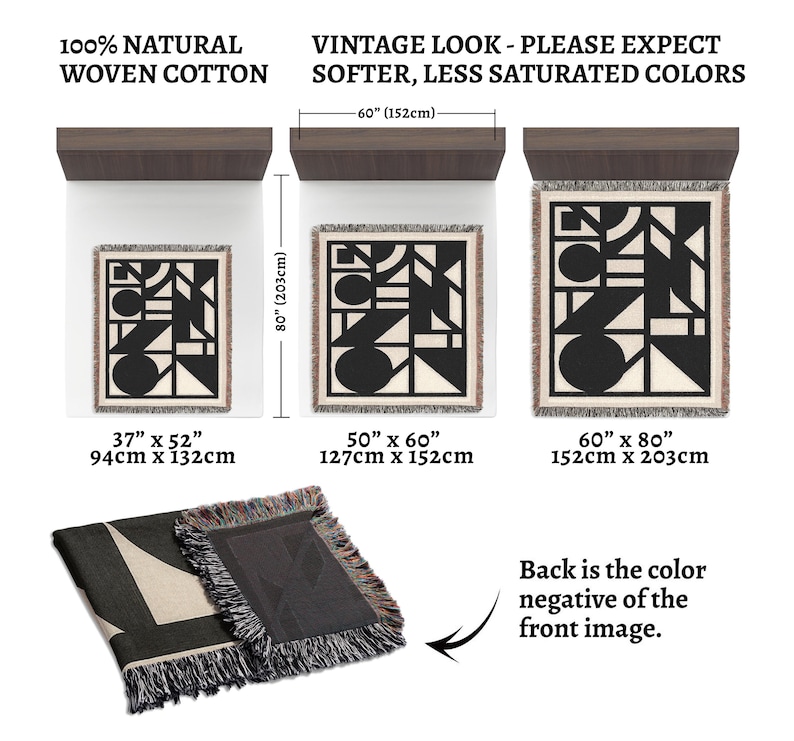 May include: Woven cotton throw blankets in three sizes: 37" x 52", 50" x 60", and 60" x 80". Each blanket features a black and cream geometric design. The text reads "100% NATURAL WOVEN COTTON" and "VINTAGE LOOK - PLEASE EXPECT SOFTER, LESS SATURATED COLORS."