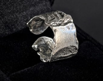 Organic Silver Ring Oxidized Raw Textured Wide Band Irregular Alternative Anniversary Finger Cuff Chunky Urban Jewelry Gender Neutral Gift