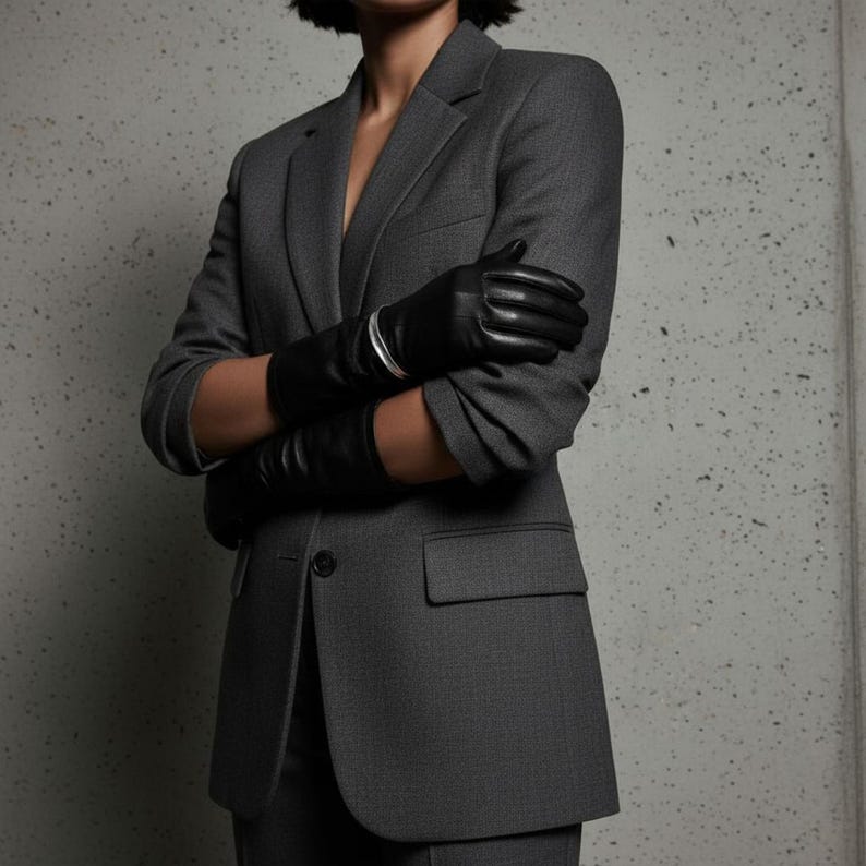 Model in a tailored gray suit with sleeves rolled up, wearing black leather gloves and a silver cuff bracelet. The composition emphasizes structure, contrast, and quiet strength — polished tailoring meets raw metal detail. A minimalist portrait of modern power dressing.