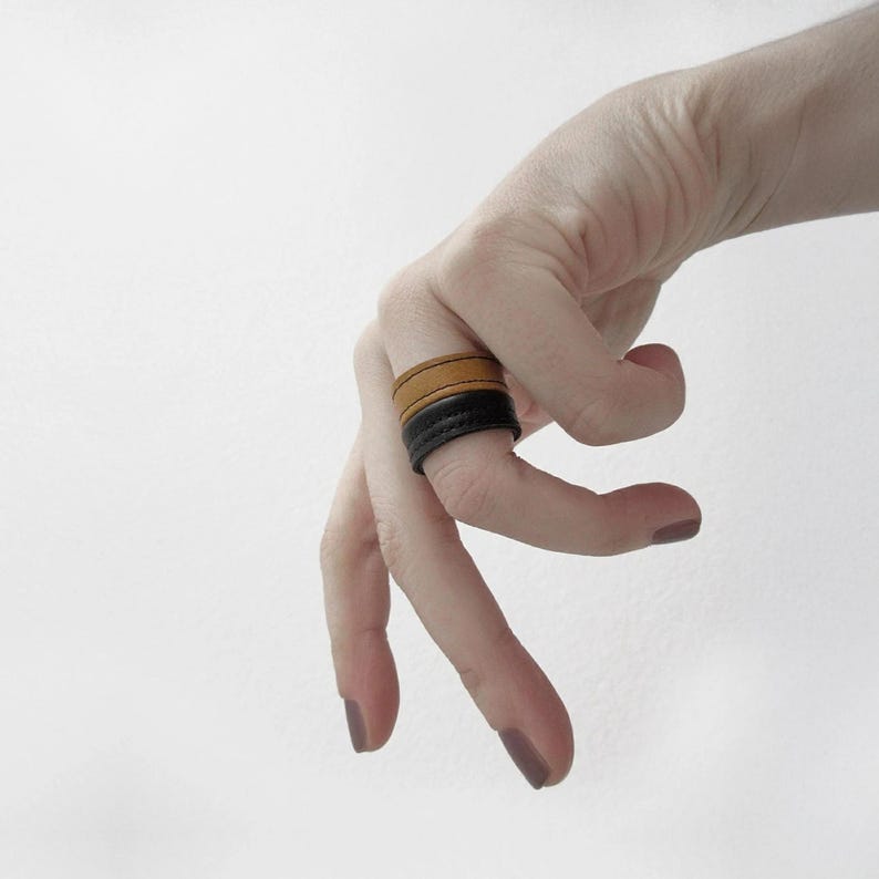 Two Tone Leather Ring Brown Vegan Rustic Finger Cuff for Him Men Western Style Band Boho Layered Jewelry Biker Alternative Accessory image 4