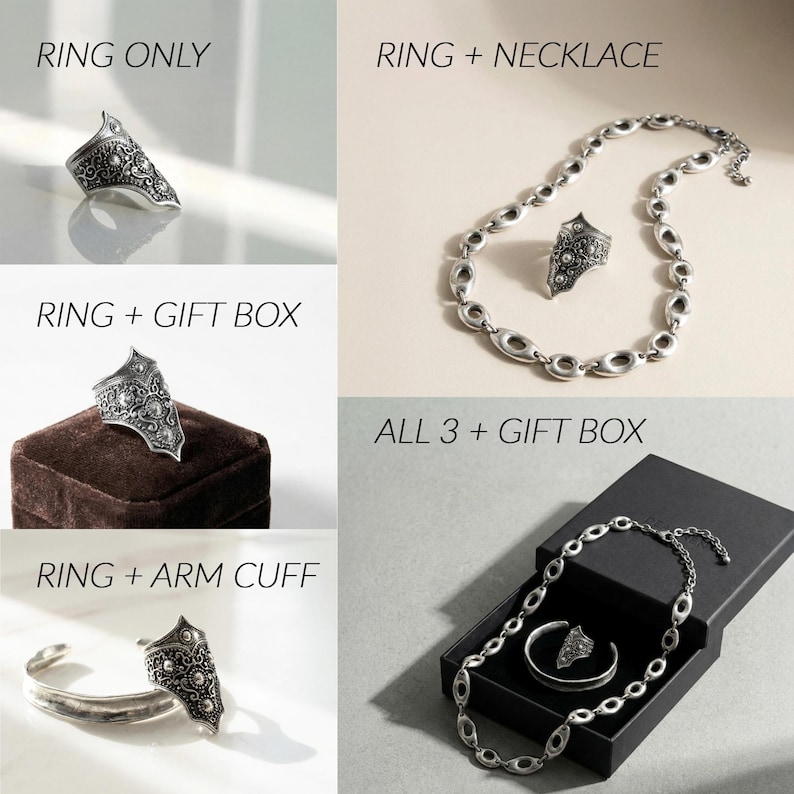 May include: A silver-toned ring with an ornate design is displayed in multiple arrangements. The image shows the ring alone, with a necklace, in a gift box, with an arm cuff, and with all three items in a gift box. Text in the image reads: RING ONLY, RING + NECKLACE, RING + GIFT BOX, RING + ARM CUFF, ALL 3 + GIFT BOX.