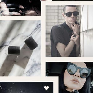 May include: A collage of images featuring various people wearing black rings on their fingers. The rings are made of different materials, including leather and metal. Some of the rings are simple and minimalist, while others are more elaborate and feature unique designs.