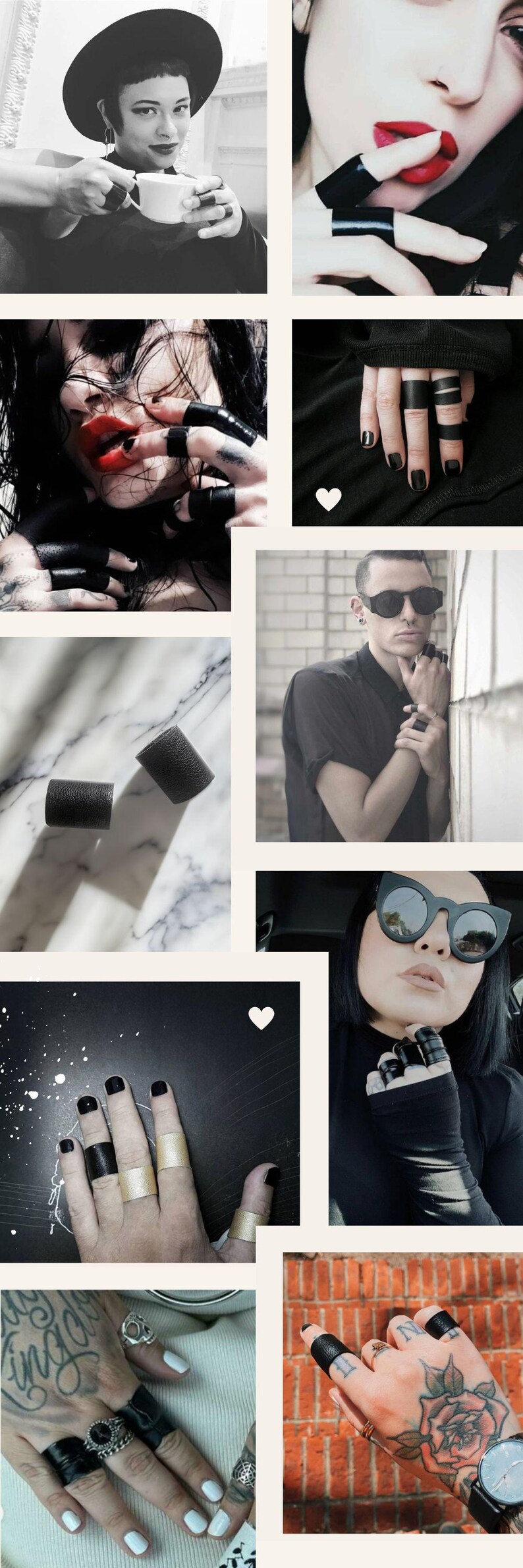 May include: A collage of images featuring various people wearing black rings on their fingers. The rings are made of different materials, including leather and metal. Some of the rings are simple and minimalist, while others are more elaborate and feature unique designs.