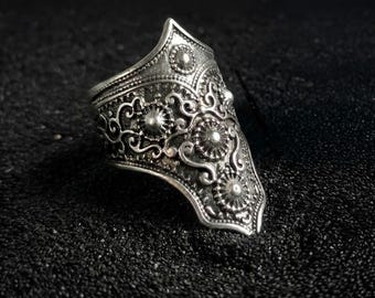 Schildring zilver filigraan lange gepantserde band unieke ambachtelijke volledige vinger sierlijke manchet cadeau voor vriendin verjaardag zilveren sieraden aanwezig