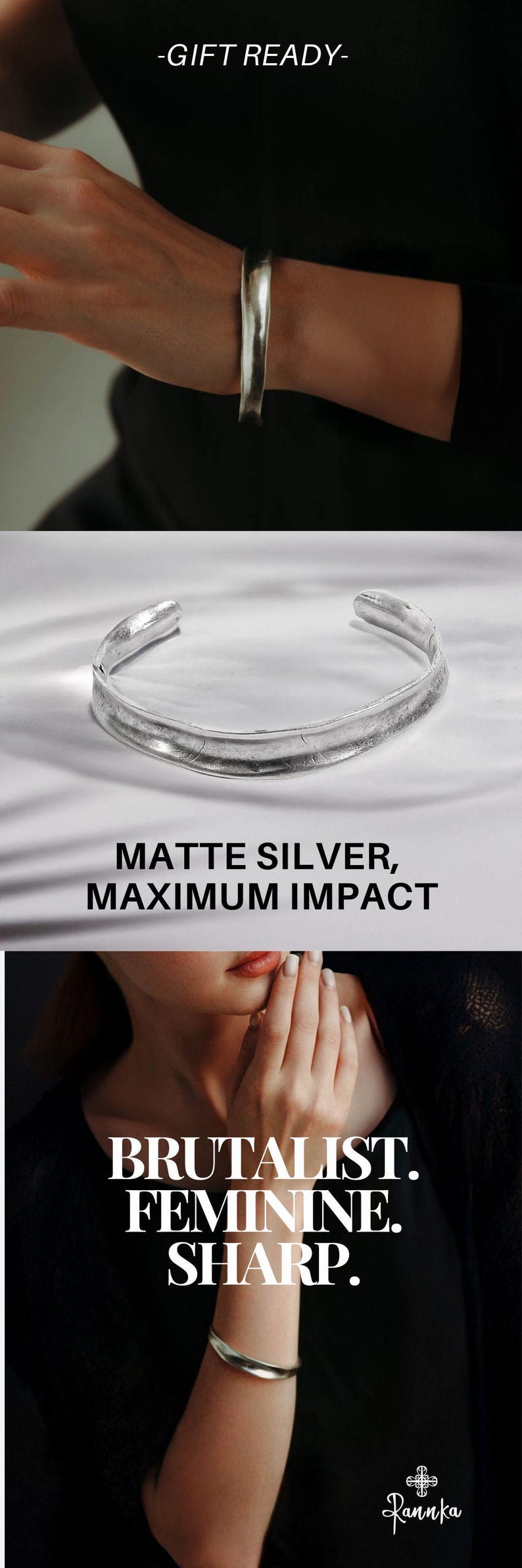 May include: Matte silver cuff bracelet. The image shows a close-up of a silver cuff bracelet with a textured surface. The bracelet is displayed on a person's arm and also on a white surface. The text "GIFT READY" and "MATTE SILVER, MAXIMUM IMPACT" are visible.