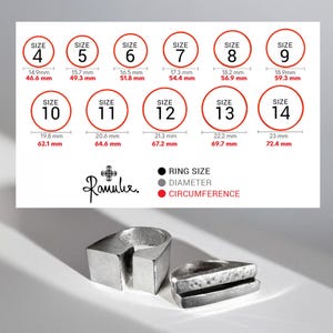 May include: Image features a ring size chart with sizes 4-14, including diameter and circumference measurements in millimeters. Two silver rings are displayed below the chart. The chart includes the brand name "Ramule."