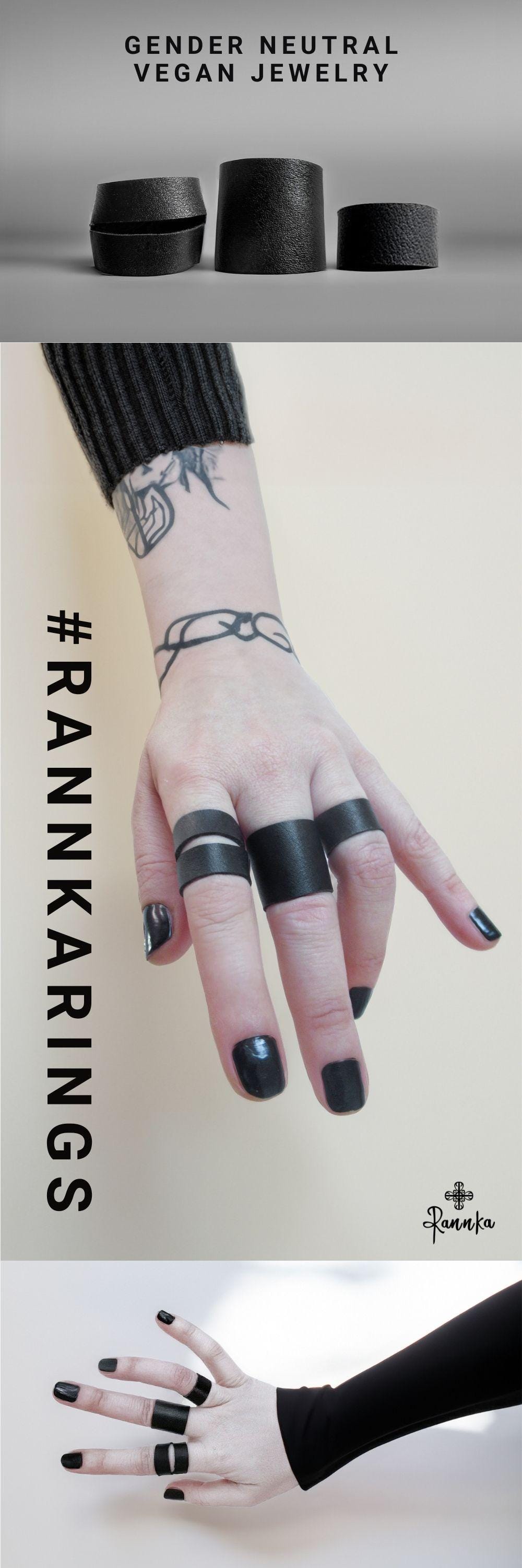 [韓国人気ジュエリー] nff gem string ring set-heart black Leather Ring Set Unisex Black Ring Bundle Vegan Ring Band
