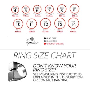 May include: Ring size chart with measurements in millimeters and inches. Sizes range from 4 to 14, with corresponding diameters and circumferences. The chart includes the text "Ring Size Chart" and instructions on how to measure ring size.