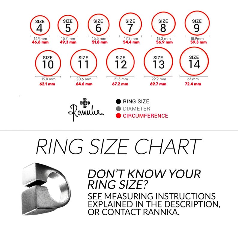 May include: Ring size chart with measurements in millimeters and inches. Sizes range from 4 to 14, with corresponding diameters and circumferences. The chart includes the text "Ring Size Chart" and instructions on how to measure ring size.