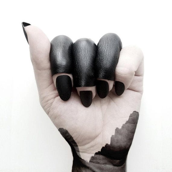 Alternative Fashion Leather Ring Gift Idea for Clubber Bold Black Glove Party Statement Ring Nightclub Long Black Leather Ring Cuff