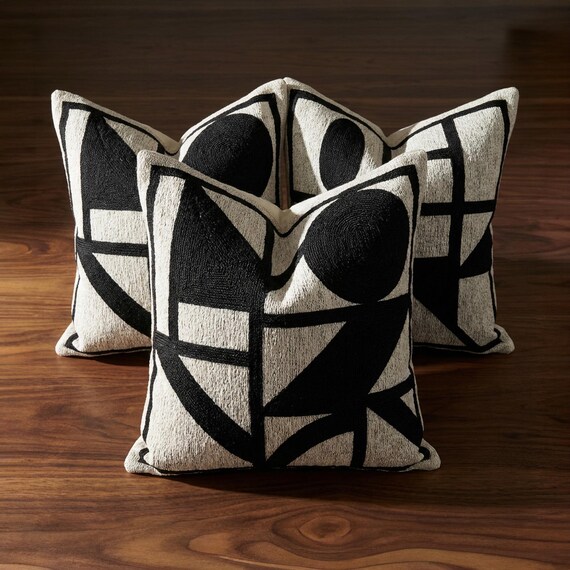 Woven Pillow Set Black Beige Bauhaus Geometric Cushion Reversible Throw Pillow Abstract Decor Mid Century Bold Geometric Couple Gift