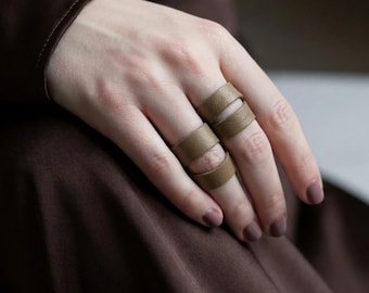 Vegan Leather Midi Ring Punk Revival Taupe Layered Finger Band Double Stack Neutral Jewelry Finger Cuff Over Knuckle Minimalist Urban