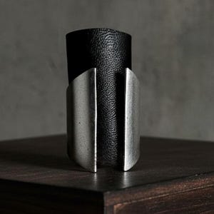 Leather Metal Ring Set Geometric Black Vegan Finger Cuff Brushed Silver Statement Ring Bundle Urban Edgy Jewelry Party Set Gender Neutral
