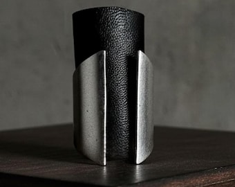 Leather Metal Ring Set Geometric Black Vegan Finger Cuff Brushed Silver Statement Ring Bundle Urban Edgy Jewelry Party Set Gender Neutral