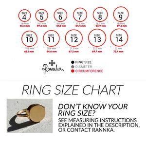 May include: Ring size chart with sizes 4-14, showing diameter and circumference in millimeters. Includes a gold ring and text: "Don't know your ring size? See measuring instructions explained in the description, or contact Rannka."