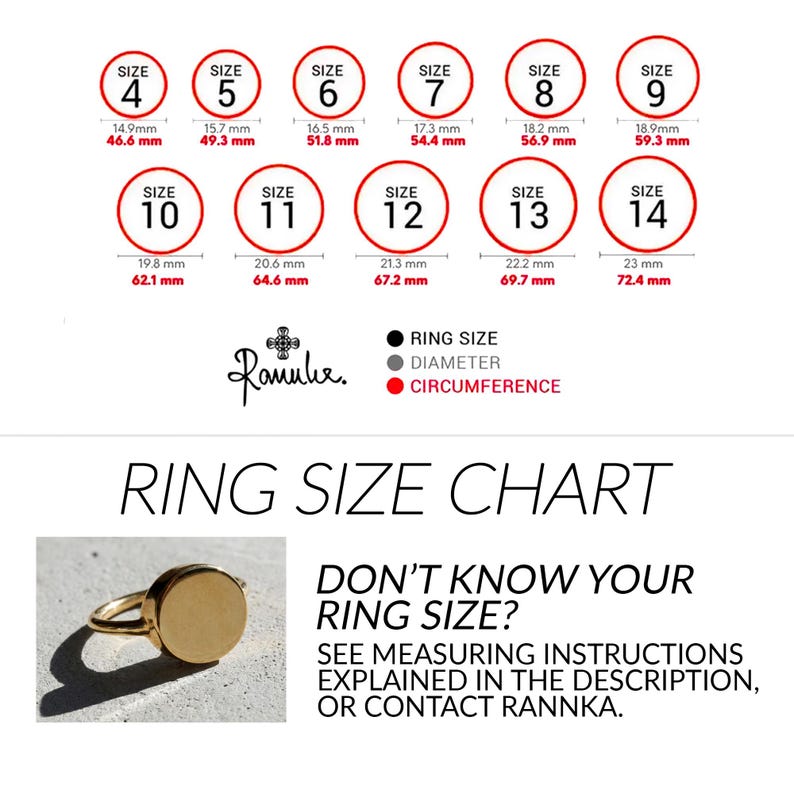 May include: Ring size chart with sizes 4-14, showing diameter and circumference in millimeters. Includes a gold ring and text: "Don't know your ring size? See measuring instructions explained in the description, or contact Rannka."