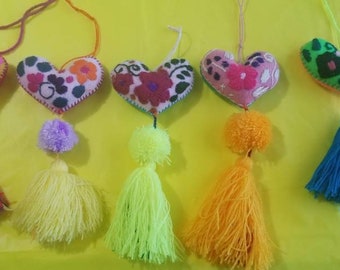 Mexican Felt Hearts / Hand Embroidered hearts with pom-poms / heart pompom tassel charm / wedding favors / baby shower
