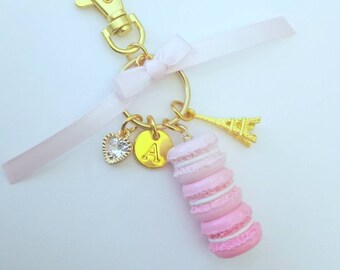 Ombre Pastel Pink Macaron Trio Initial Charm, Crystal Heart, Eiffel Tower, Purse or Bag Charm, Great Gift, Cute!