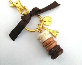 Mocha Dark Chocolate Macaron Trio Initial Charm, Eiffel Tower, Purse or Bag Charm, Great Gift, Cute And Kawaii :D