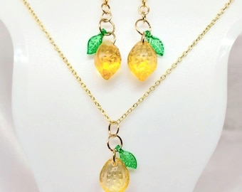 Lampwork Glass Lemon Earrings Necklace Set, Gold Plated Citrus Jewelry