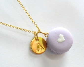 Macaron with Heart Initial Necklace, Gold Plated, Great Gift, Cute! :)