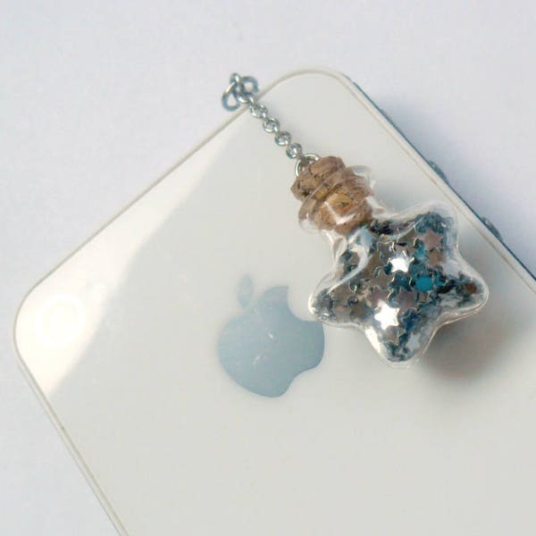 Fairy Kei Glitter Wishing Stars Bottle Phone Charm, Gunmetal Silver, Phone Charm, Dust Plug or Cell Phone Strap, Cute, Kawaii :D