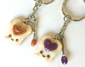 Kawaii Peanut Butter and Jelly Heart Keychain Set, Best Friend's Keychains (or Phone Charms), Great Gift, BFF, Mom, Daughter, Cute :D