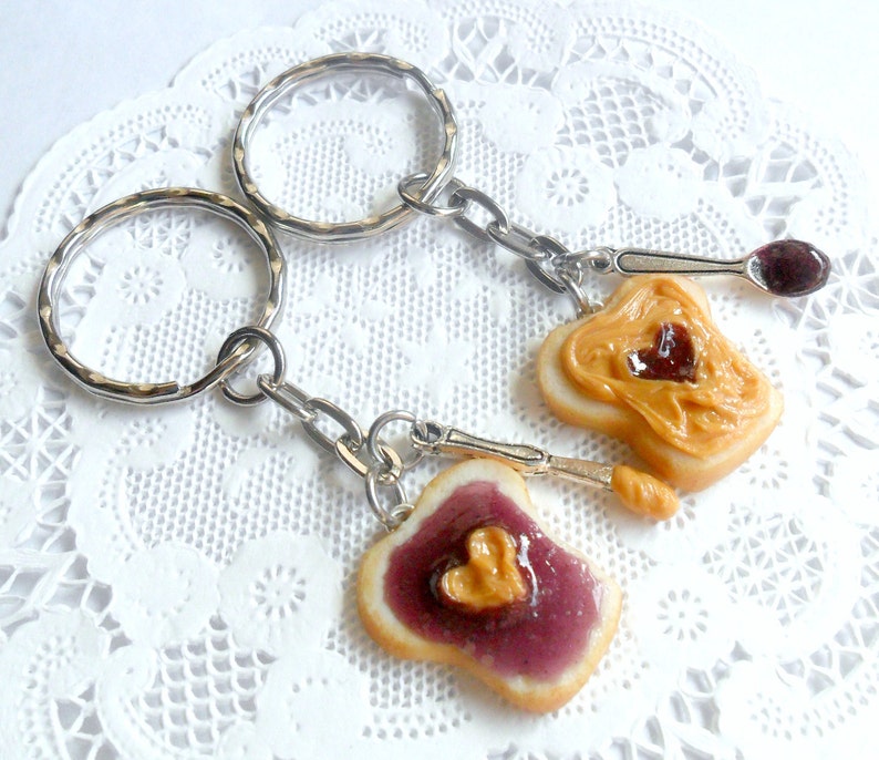 Peanut Butter and Jelly Heart Keychain Set, Grape, With Knife & Spoon, Best Friend's Keychains, Great Gift, Mom, Daughter, Sister, Wife :D image 1